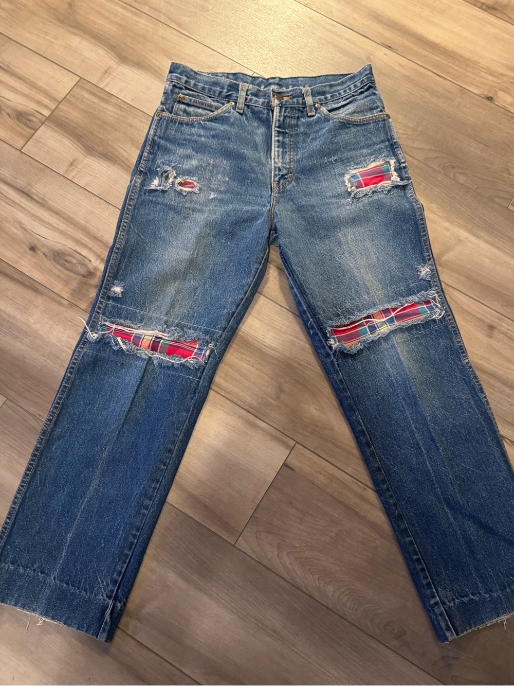Y2K Brittania patchwork red plaid Bootcut Jeans Distressed Style thrash front bk